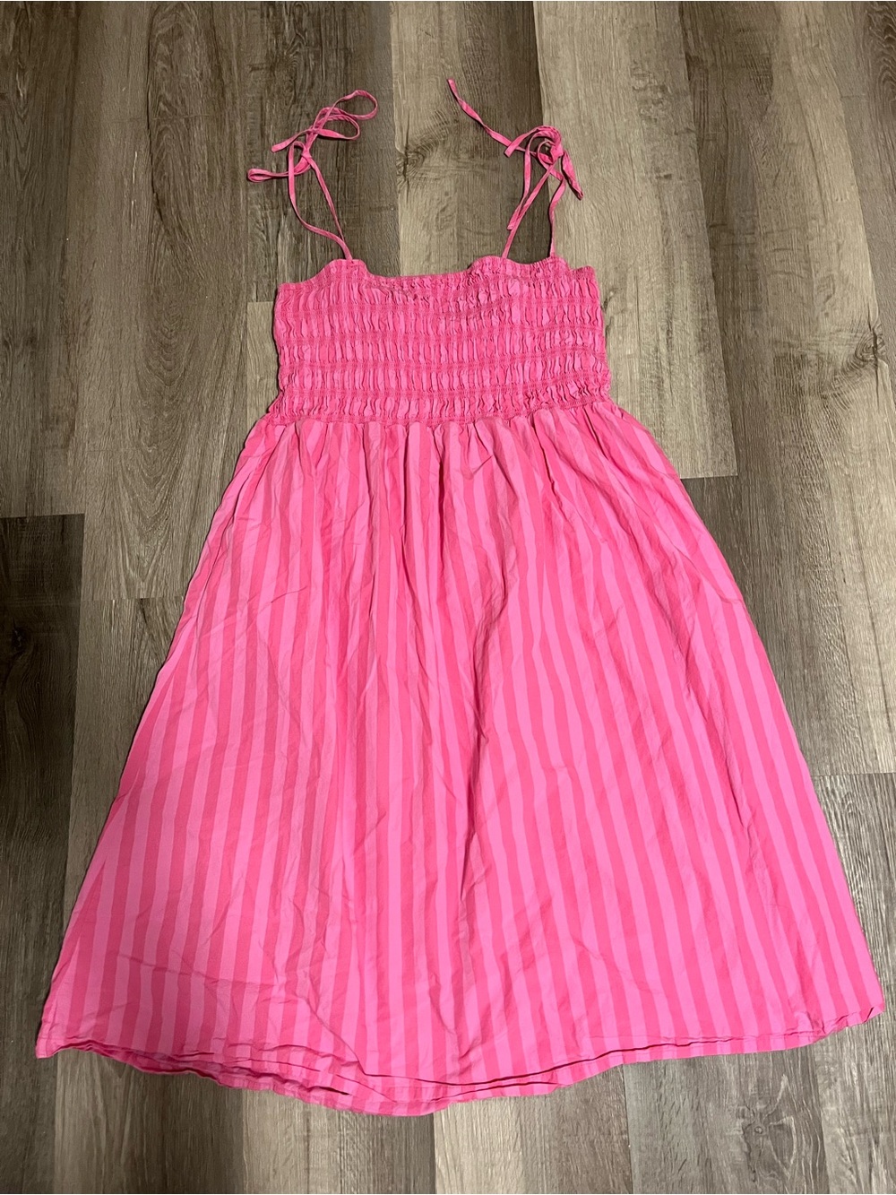 A New Day Pink Striped Smocked Midi Dress Tie Strap Summer Sundress Picnic Sz XL